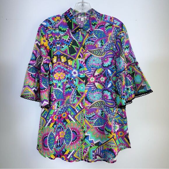 Johnny Was Demarne Ruffle Sleeve Tunic Shirt Top R24924 XS Multi Boho Chic - Picture 7 of 16